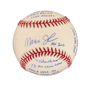 Magic Johnson Single-Signed Stat Baseball With 16 Inscriptions